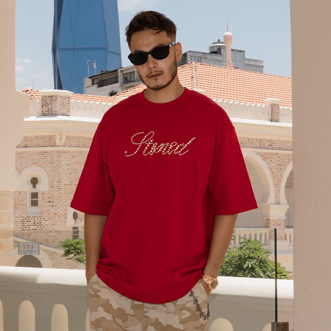 Blessed26 : Cursive Pearl Logo Tee Red