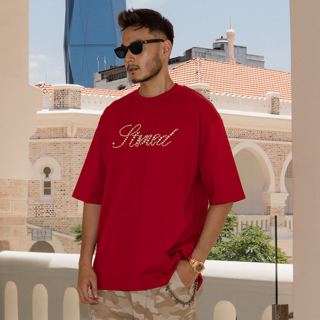 Blessed26 : Cursive Pearl Logo Tee Red